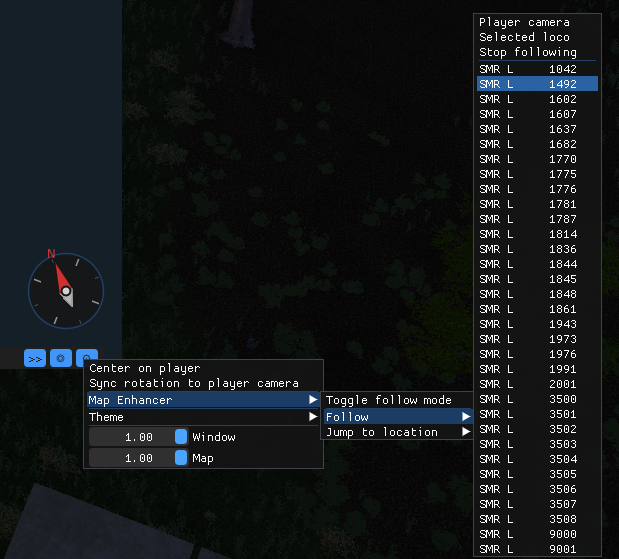 MapEnhancer gear menu showing follow submenu and settings panel